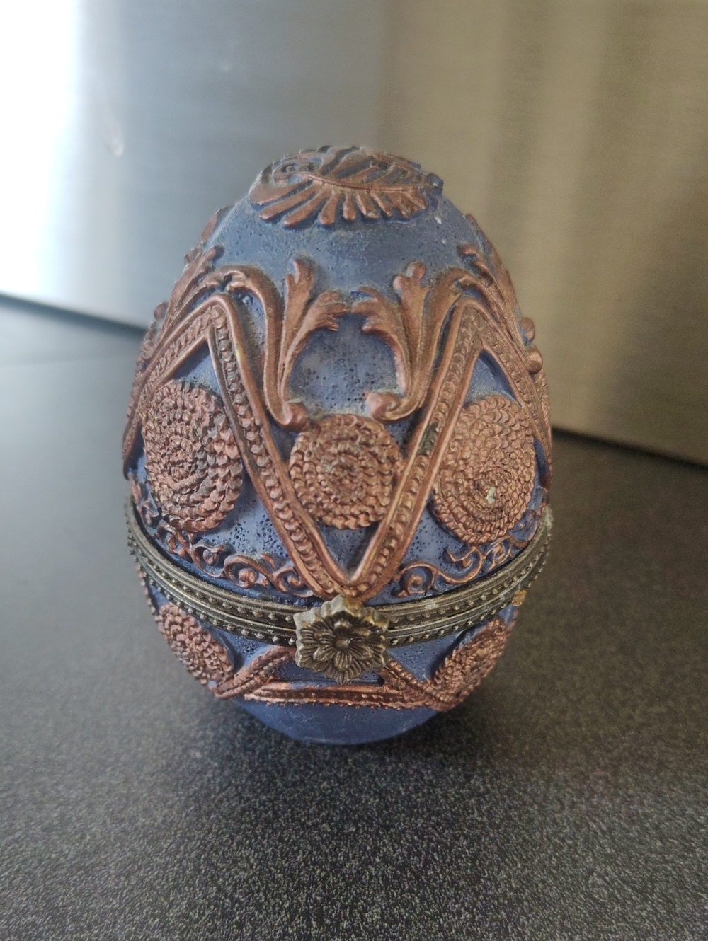 Decorative Blue and Copper Ornamental Egg Jewelry Box